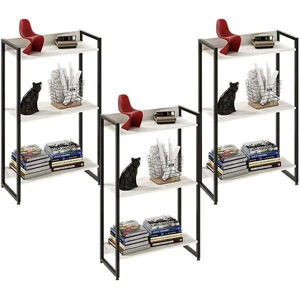 Kit 3 Estantes Multiuso Escritório Industrial 3 Prateleiras Areta 104x60cm C01 Snow - Lyam Decor