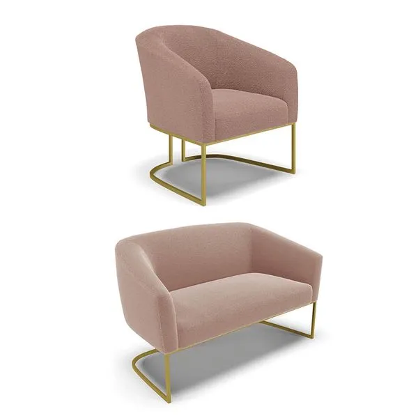 Sofá Namoradeira e Poltrona Industrial Dourado Stella Bouclê Rosê D03 - D'Rossi