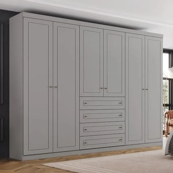 Guarda-Roupa Casal 6 Portas 4 Gavetas Henn Americano | Cinza