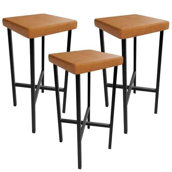 Kit 03 Banquetas Alta Bar Cozinha Sala De Jantar Preto Stella L02 Couríssimo Canela - Lyam Decor