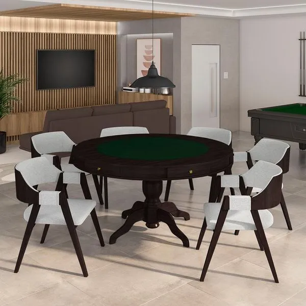 Conjunto Mesa de Jogos Carteado Bellagio Tampo Reversível Verde e 6 Cadeiras Madeira Poker Base Estrela Linho Cinza/Tabaco G42 - Gran Belo