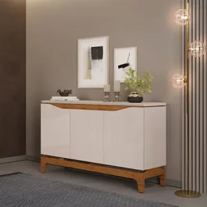 Balcão Buffet 136 cm 3 Portas com Tampo Nice | Freijo/Off White