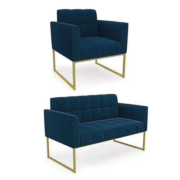 Namoradeira e Poltrona Industrial Dourado Elisa Bouclê Azul D03 - D'Rossi