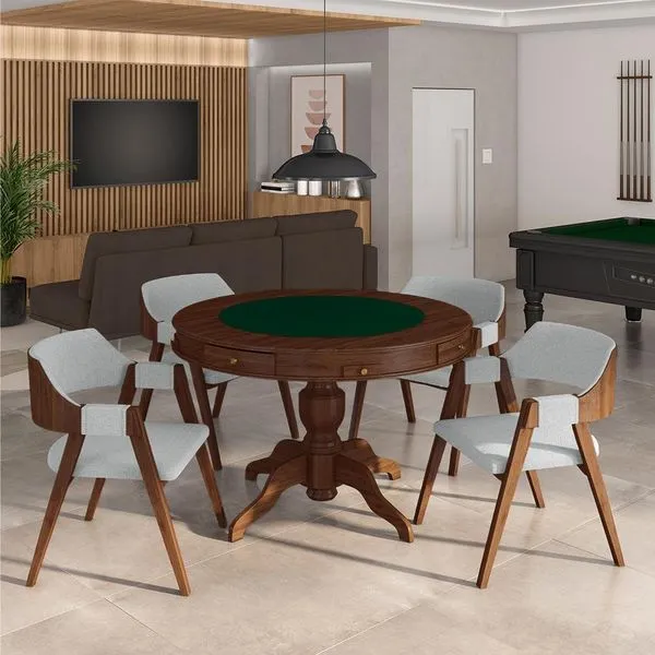 Conjunto Mesa de Jogos Carteado Bellagio Tampo Reversível Verde e 4 Cadeiras Madeira Poker Base Estrela Linho Cinza/Imbuia G42 - Gran Belo