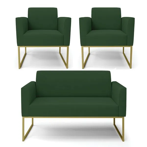 Sofá Namoradeira com 2 Poltronas Base Industrial Dourado Marisa Veludo Verde D03 - D'Rossi