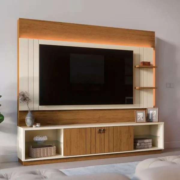 Painel para TV até 65'' com LED 200cm Mobler Guaíba | Canela/Off White