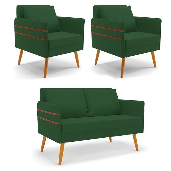 Kit 01 Namoradeira 02 Lugares e 02 Poltronas Mari Veludo Pés Palito Castanho - D'Rossi Verde