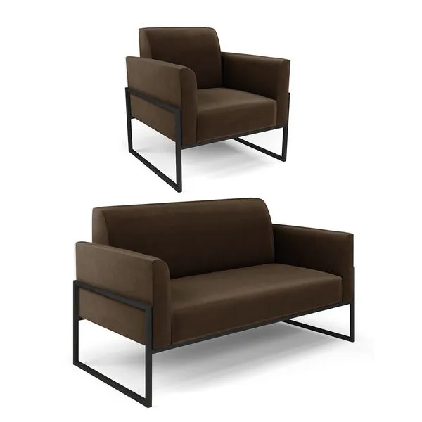 Sofá Namoradeira com Poltrona Base Industrial Alta Preto Marisa Suede D03 - D'Rossi Marrom