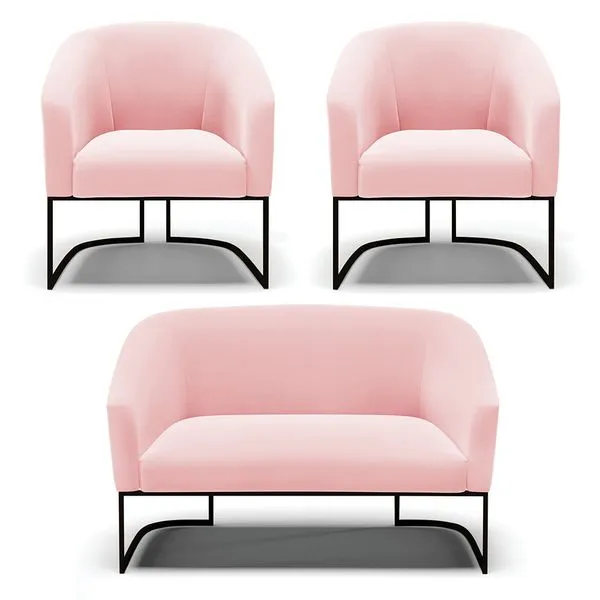 Namoradeira e 2 Poltronas Industrial Preto Stella Suede D03 - D'Rossi Rosa Bebê