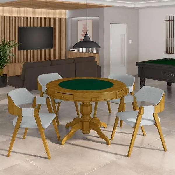 Conjunto Mesa de Jogos Carteado Bellagio Tampo Reversível Verde e 4 Cadeiras Madeira Poker Base Estrela Linho Cinza/Mel G42 - Gran Belo