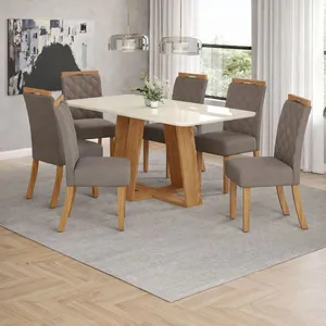 Conjunto de Mesa 6 Cadeiras Tampo de Vidro Lins Henn 1,60 | Nature/Off White/Marrom Amendoa