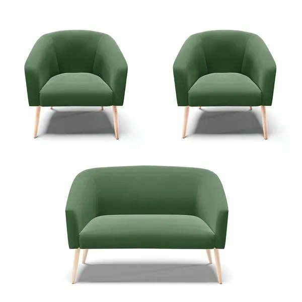 Namoradeira e 2 Poltronas Pé Palito Natural Stella Suede Verde D03 - D'Rossi