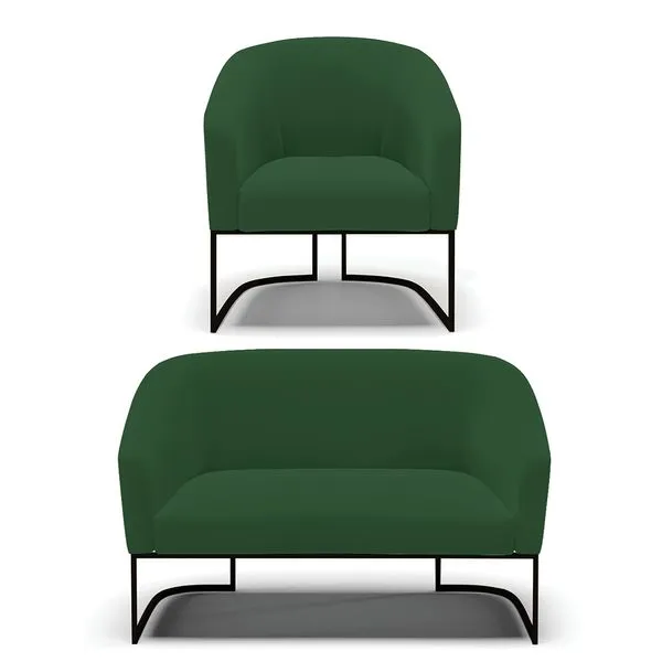Sofá Namoradeira e Poltrona Base Industrial Preto Stella Veludo D03 - D'Rossi Verde