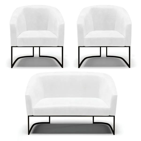 Namoradeira e 2 Poltronas Industrial Dourado Stella Sintético PU Branco D03 - D'Rossi