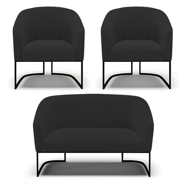 Namoradeira e 2 Poltronas Industrial Preto Stella Veludo Preto D03 - D'Rossi