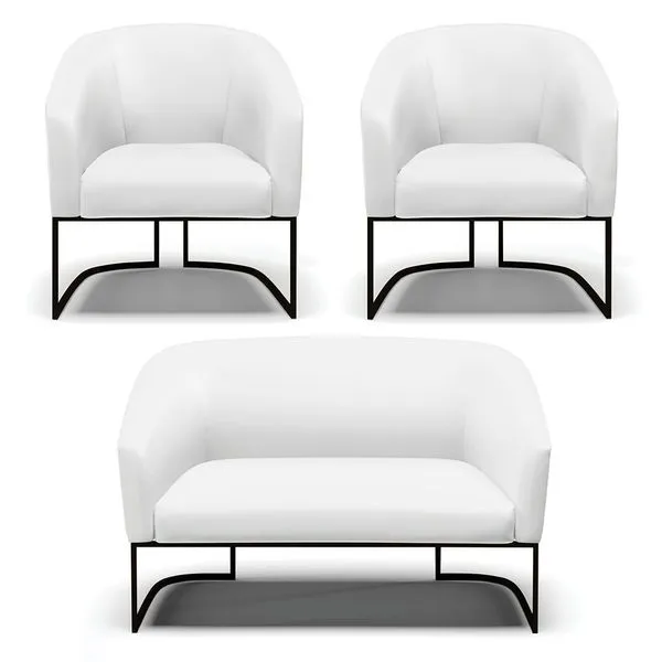 Namoradeira e 2 Poltronas Industrial Preto Stella Sintético Branco D03 - D'Rossi