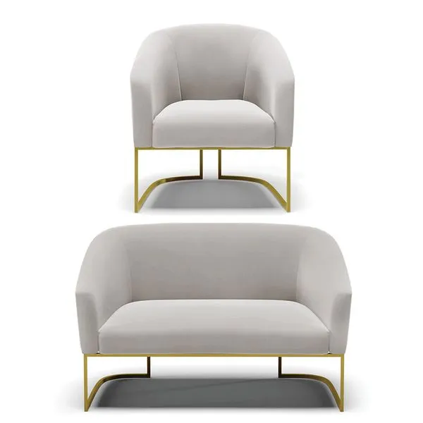 Sof Namoradeira e Poltrona Industrial Dourado Stella Veludo Cinza D03 - D'Rossi