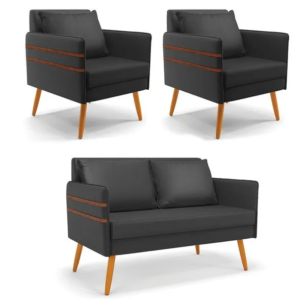 Kit 01 Namoradeira 02 Lugares e 02 Poltronas Mari Corino Pés Palito Castanho - D'Rossi Preto