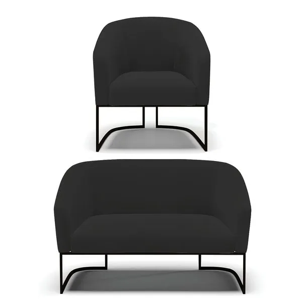 Sofá Namoradeira e Poltrona Base Industrial Preto Stella Veludo D03 - D'Rossi Preto