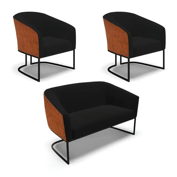 Namoradeira e 2 Poltronas Industrial Preto Stella Noz/Linho Preto D03 - D'Rossi