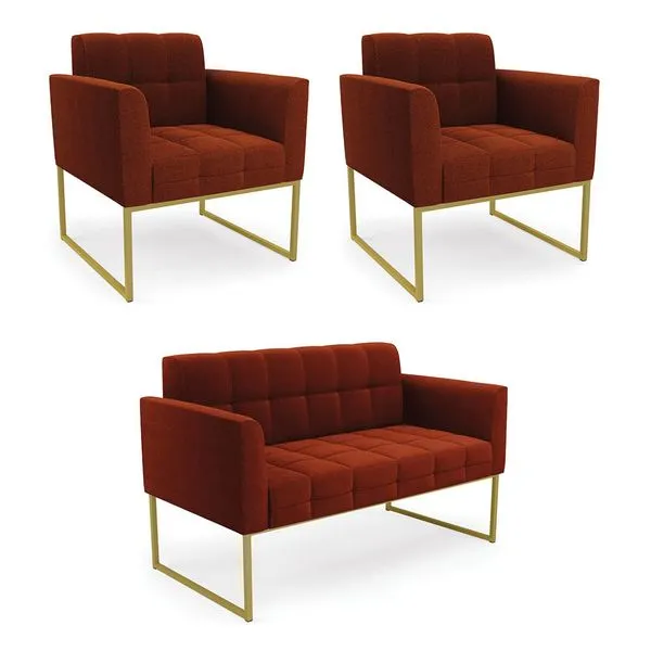 Namoradeira e 2 Poltronas Industrial Dourado Elisa Bouclê Terra D03 - D'Rossi