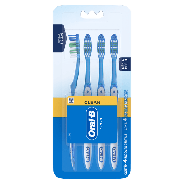 Escova Dental Média Oral-B 1-2-3 Clean 4 Unidades