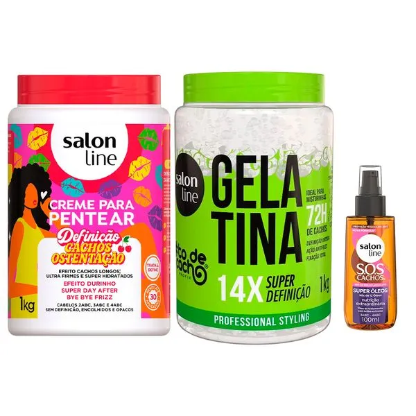 Kit Salon Line Creme para Pentear Cachos Ostentação 1kg + Gelatina #todecacho Super Definição 1kg + Óleo Capilar SOS Super óleos 100ml