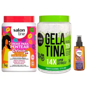 Kit Salon Line Creme para Pentear Cachos Ostentação 1kg + Gelatina #todecacho Super Definição 1kg + Óleo Capilar SOS Super óleos 100ml