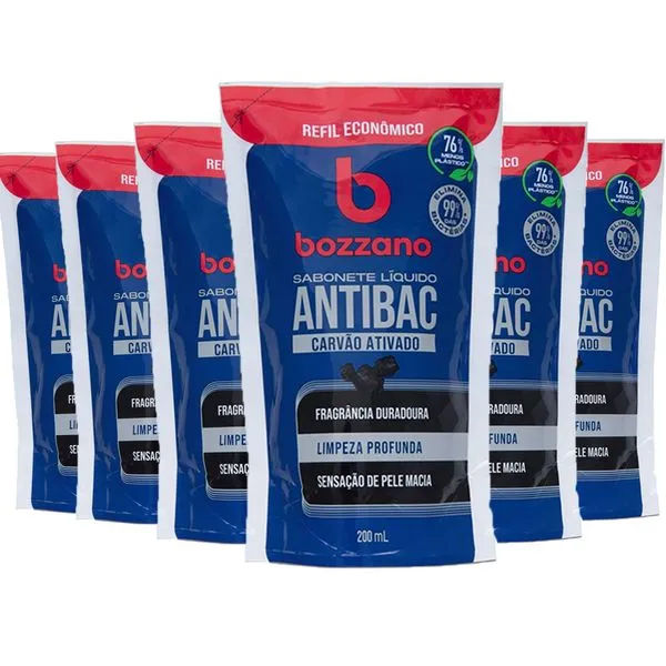 Kit Sabonete Líquido Antibacteriano Bozzano Carvão Ativado Refil 200ml - 6 Unidades