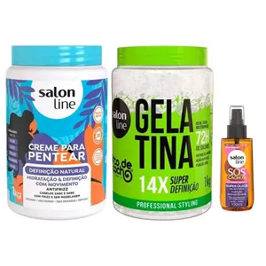Kit Salon Line Creme Para Pentear Definição Natural 1Kg + Gelatina #todecacho Super Definição 1kg + Óleo Capilar SOS Super óleos 100ml