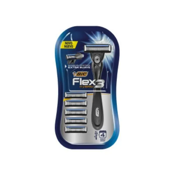 Aparelho de Barbear Recarregável Bic Flex 3 Hybrid Extra Suave 1 Unidade + 5 Cartuchos