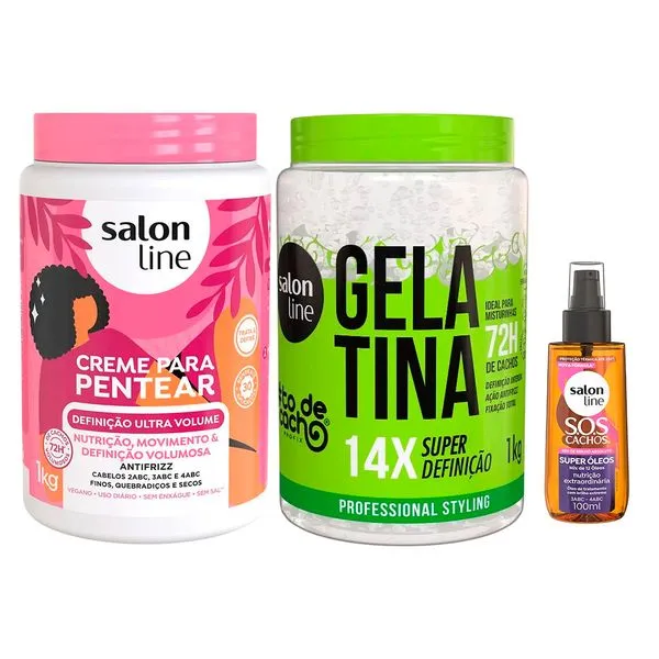 Kit Salon Line Creme Pentear Ultra Volume 1Kg + Gelatina #todecacho Super Definição 1kg + Óleo Capilar SOS Super óleos 100ml