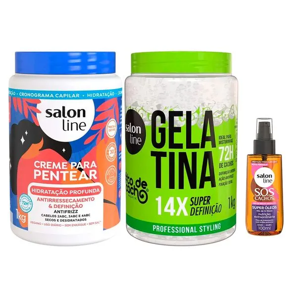Kit Salon Line Creme Para Pentear Hidratação Profunda 1kg + Gelatina #todecacho Super Definição 1kg + Óleo Capilar SOS Super óleos 100ml Kit Salon Line Creme Para Pentear Definição Antifrizz 1Kg + Gelatina #todecacho Super Definição 1kg + Óleo Capilar SOS Super óleos 100ml