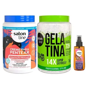 Kit Salon Line Creme Para Pentear Hidratação Profunda 1kg + Gelatina #todecacho Super Definição 1kg + Óleo Capilar SOS Super óleos 100ml Kit Salon Line Creme Para Pentear Definição Antifrizz 1Kg + Gelatina #todecacho Super Definição 1kg + Óleo Capilar SOS Super óleos 100ml