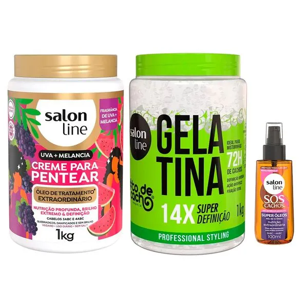 Kit Salon Line Creme Para Pentear Uva + Melancia 1kg + Gelatina #todecacho Super Definição 1kg + Óleo Capilar SOS Super óleos 100ml