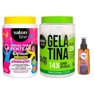 Kit Salon Line Creme De Pentear Definição Imediata 1KG + Gelatina #todecacho Super Definição 1kg + Óleo Capilar SOS Super óleos 100ml