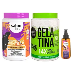 Kit Salon Line Creme Para Pentear Brilho Máximo 1kg + Gelatina #todecacho Super Definição 1kg + Óleo Capilar SOS Super óleos 100ml