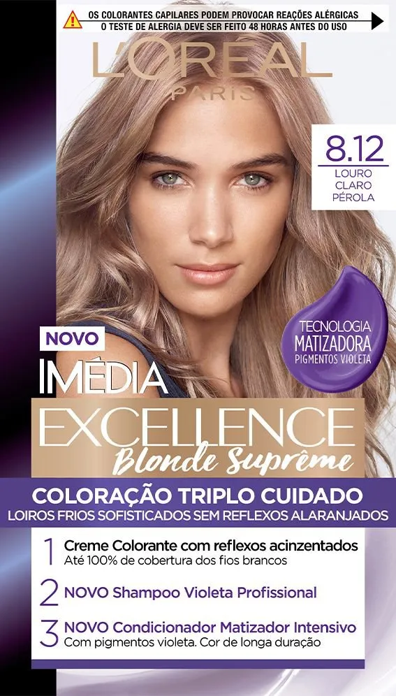 Coloração Permanente Blonde Supreme 8.12 Louro Claro Pérola 20 Vol Imedia Tinta de Cabelo Imedia Blonde Supreme 8.12 Louro Claro Perola
