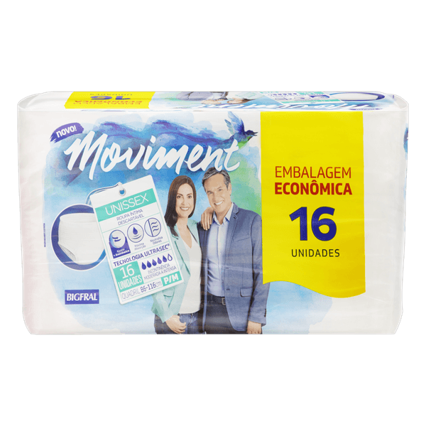 Roupa Íntima Descartável Unissex Bigfral Moviment P/M Pacote 16 Unidades Embalagem Econômica