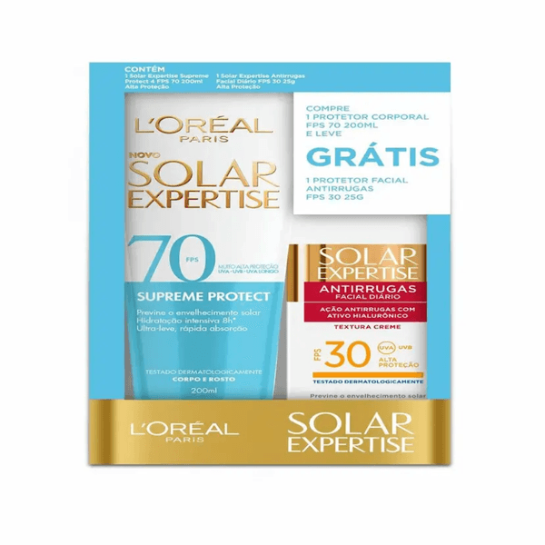 Kit Protetor Solar L'Oréal Expertise - 1 Facial Antirrugas FPS 30 25g + 1 Corporal Supreme Protect 4 FPS 70 200ml