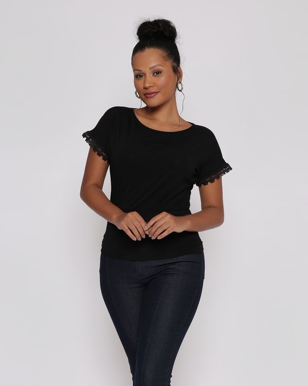 Blusa Feminina Manga Curta Com Renda Guipir Preta M
