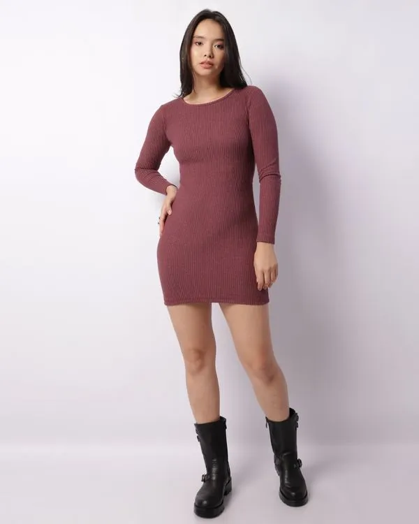 Vestido Feminino Curto Manga Longa Cotelê Costas Aberta Vinho P