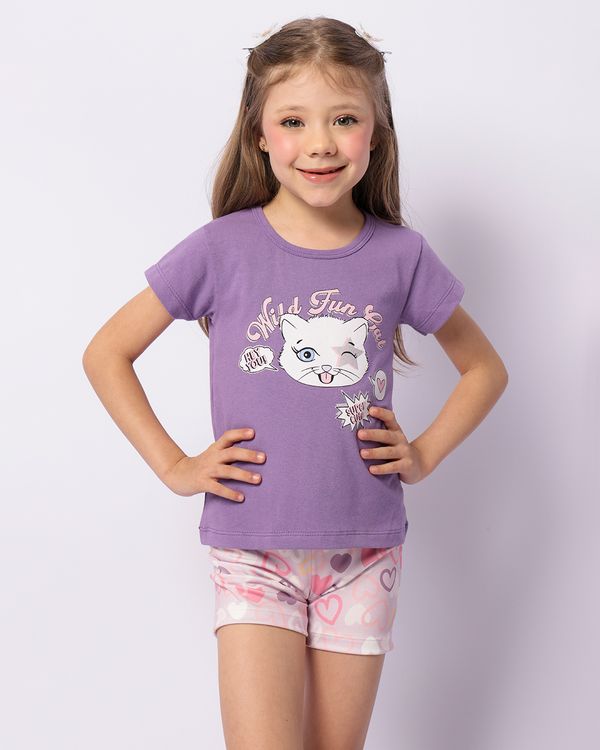 Conjunto Infantil Estampa Gatinho Manga Curta Roxo 8