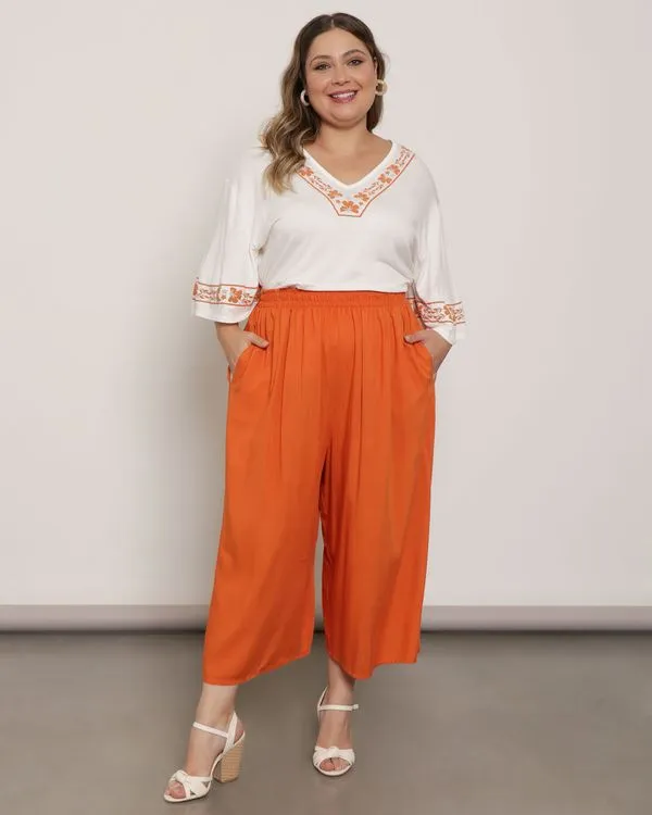 Calça Plus Size Feminina Viscose Pantacourt Laranja G2