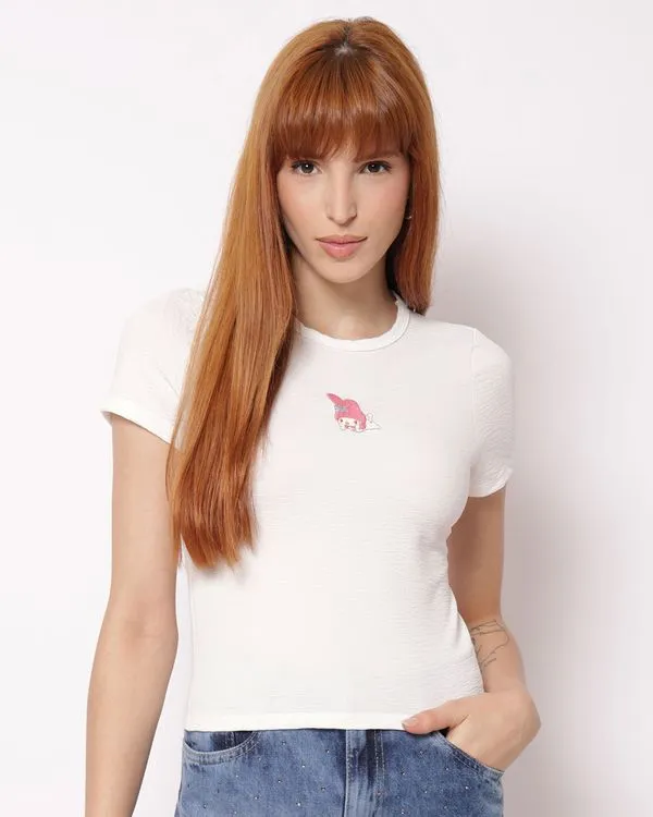 Camiseta Feminina Texturizada com Bordado My Melody Off White P