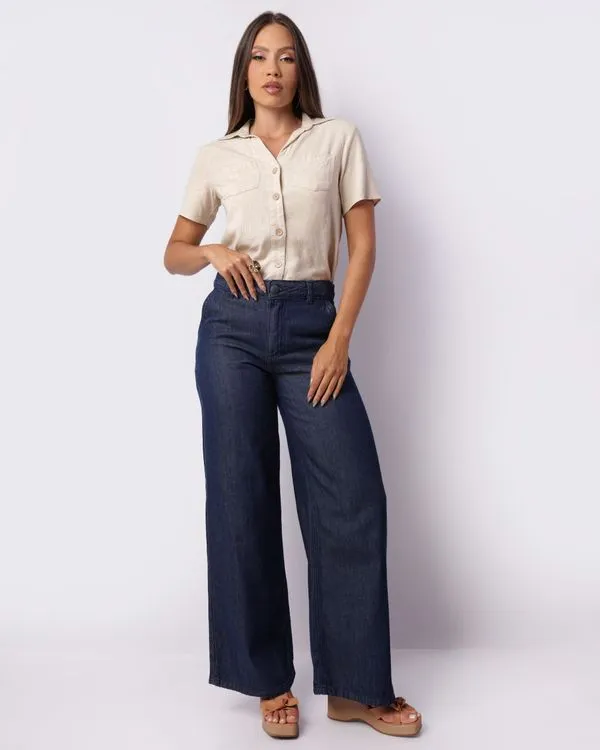 Calça Jeans Feminina Pantalona Com Bolsos Azul 46