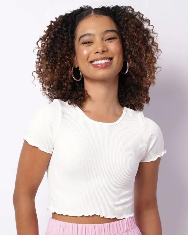 Blusa Feminina Cropped Sem Costura Frufru Branca M