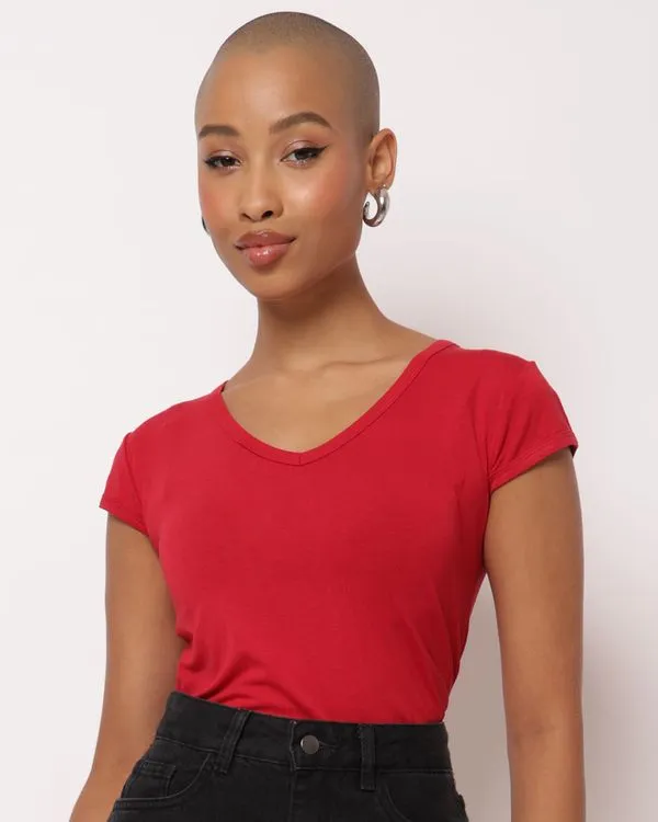 Blusa Feminina Manga Curta Decote V Básica Vermelha G