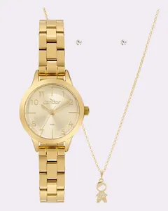 Kit Relógio Feminino Condor com Colar e Brinco Dourado UN