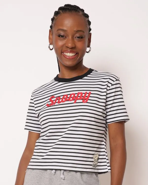 Camiseta Cropped Feminina Snoopy Manga Curta Listrada Preto P